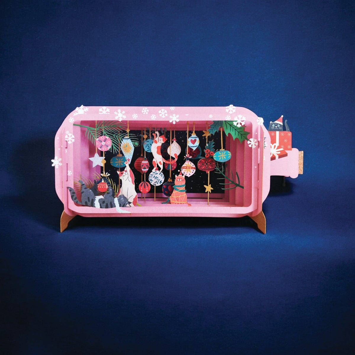Tarjeta tridimensional XMIB137 con adornos y gatos de Navidad