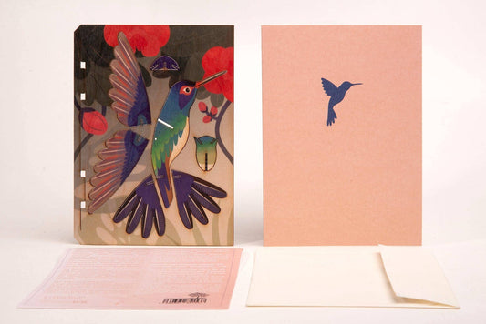 Tarjeta decorativa artesanal 3D de colibrí