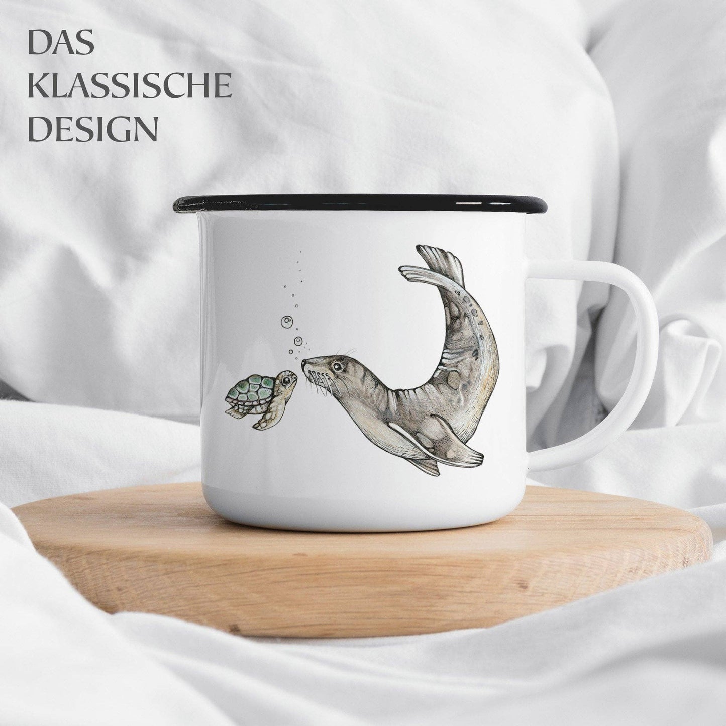Taza de esmalte - Encuentro oceánico - Tortuga y león marino