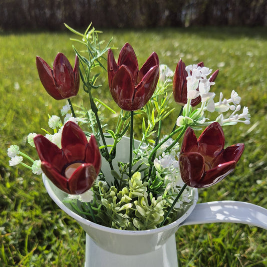 Tulipán de cerámica burdeos, estaca para plantas, flor de cerámica en tallo