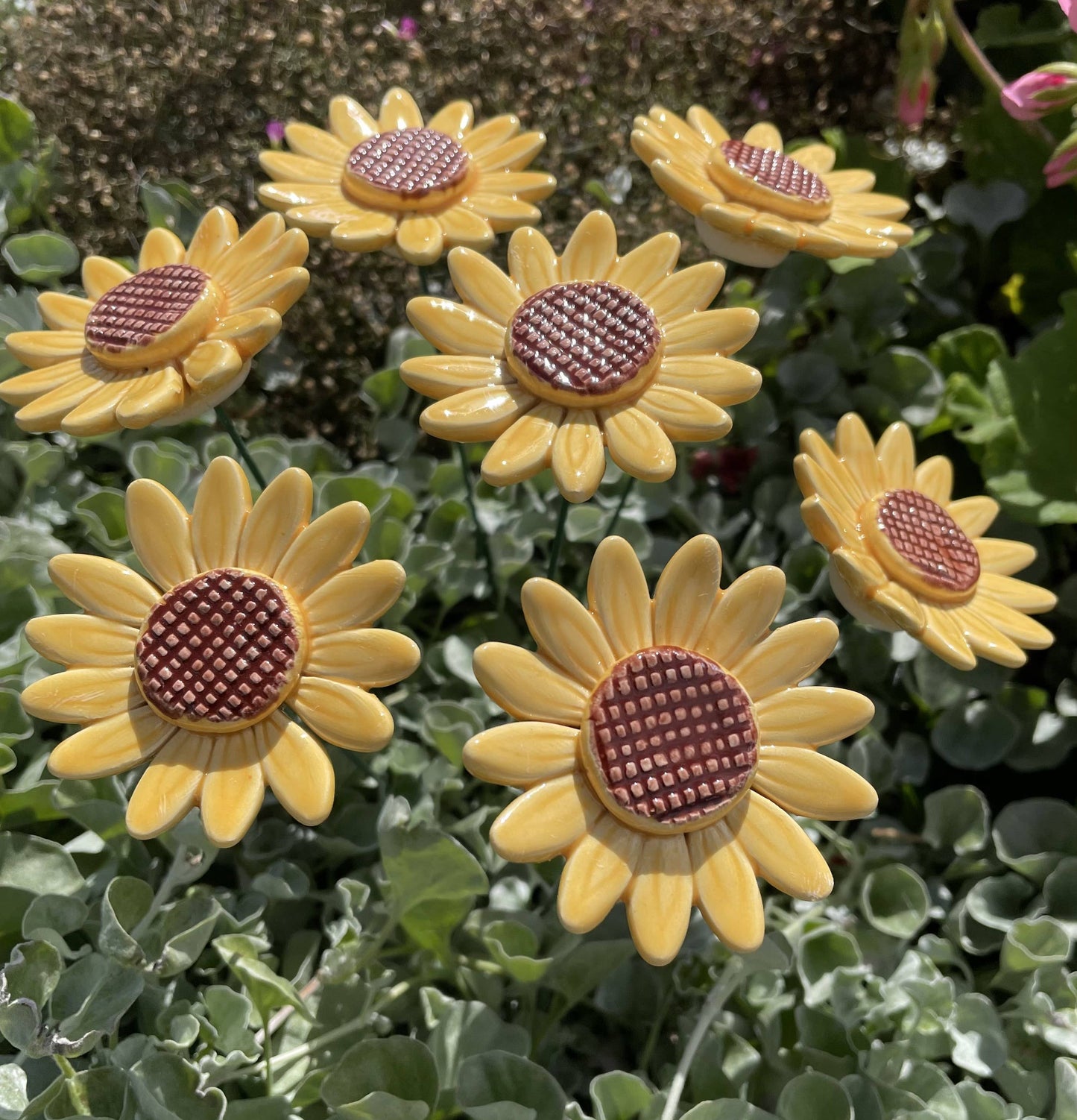 Flor de girasol de cerámica, estaca para plantas, girasol en el tallo