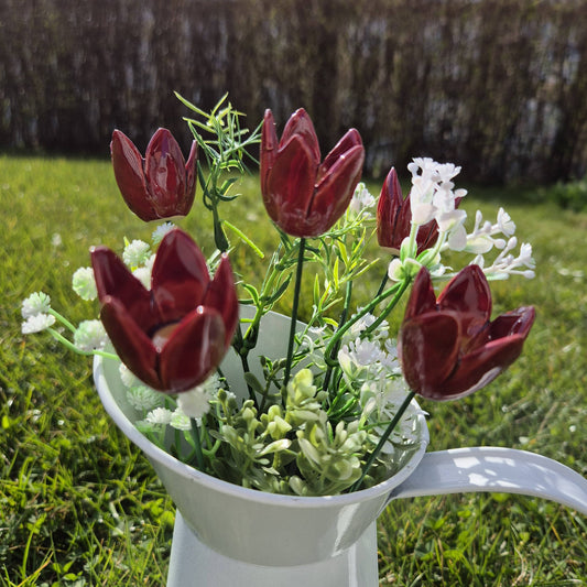 Tulipán de cerámica burdeos, estaca para plantas, flor de cerámica en tallo