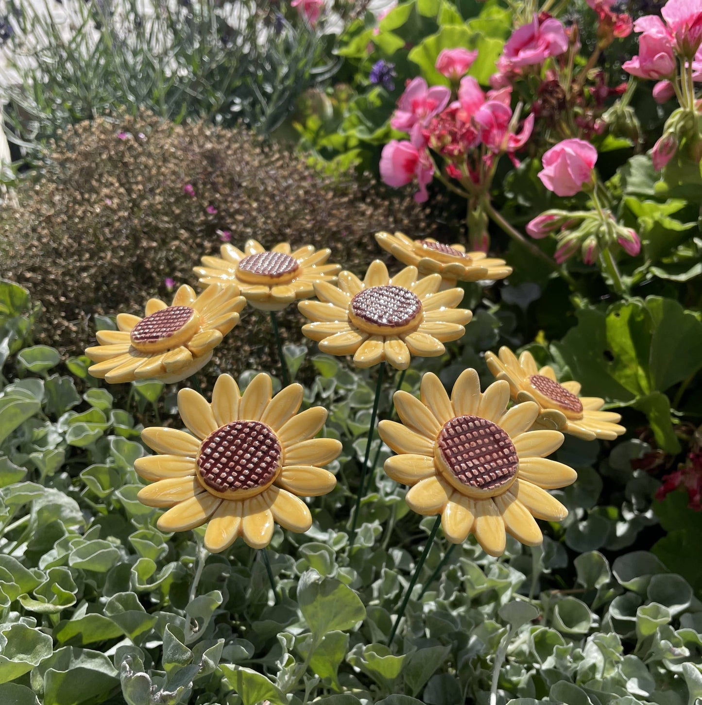 Flor de girasol de cerámica, estaca para plantas, girasol en el tallo