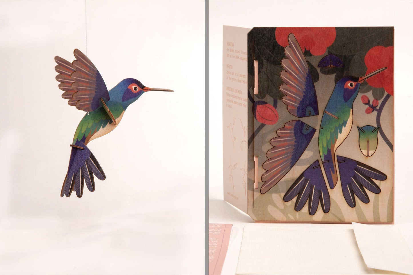 Tarjeta decorativa artesanal 3D de colibrí