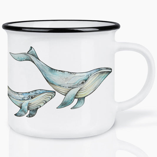 Taza de cerámica con ballenas azules