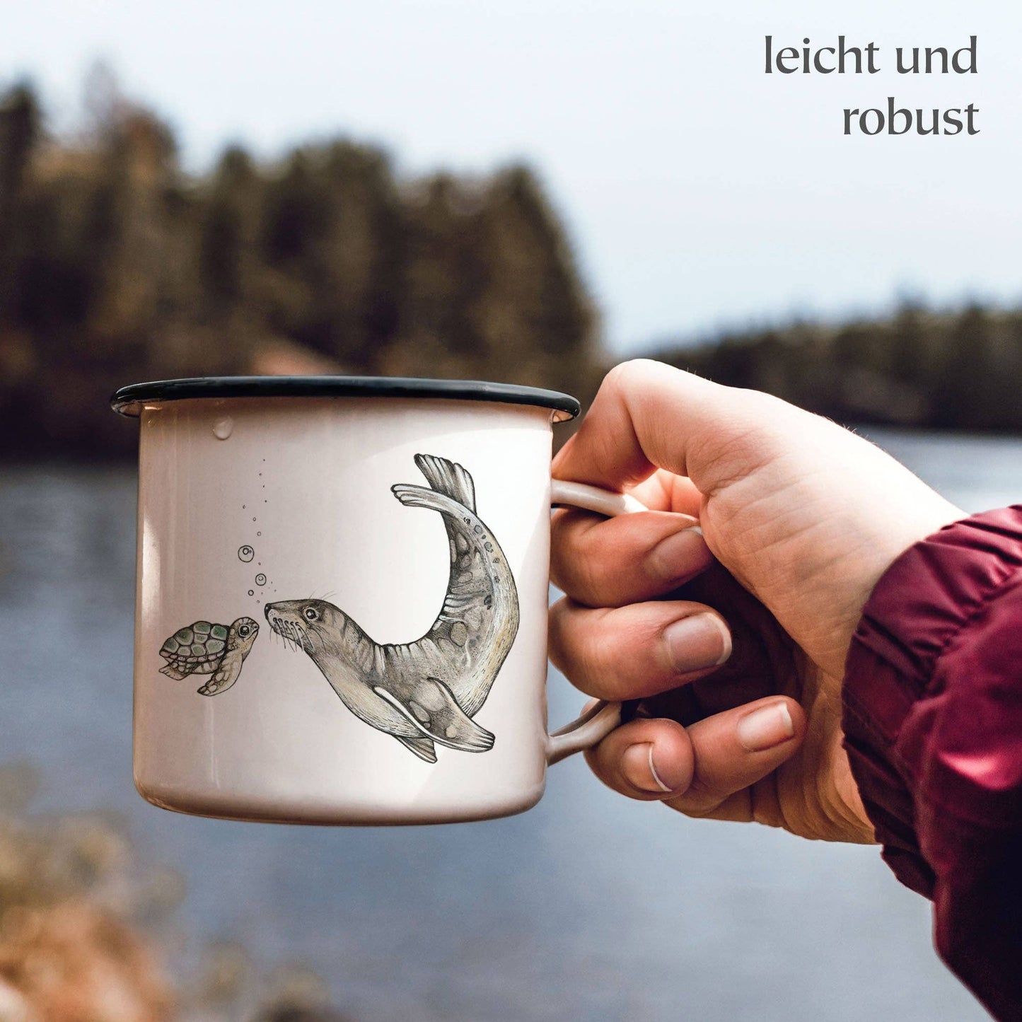 Taza de esmalte - Encuentro oceánico - Tortuga y león marino