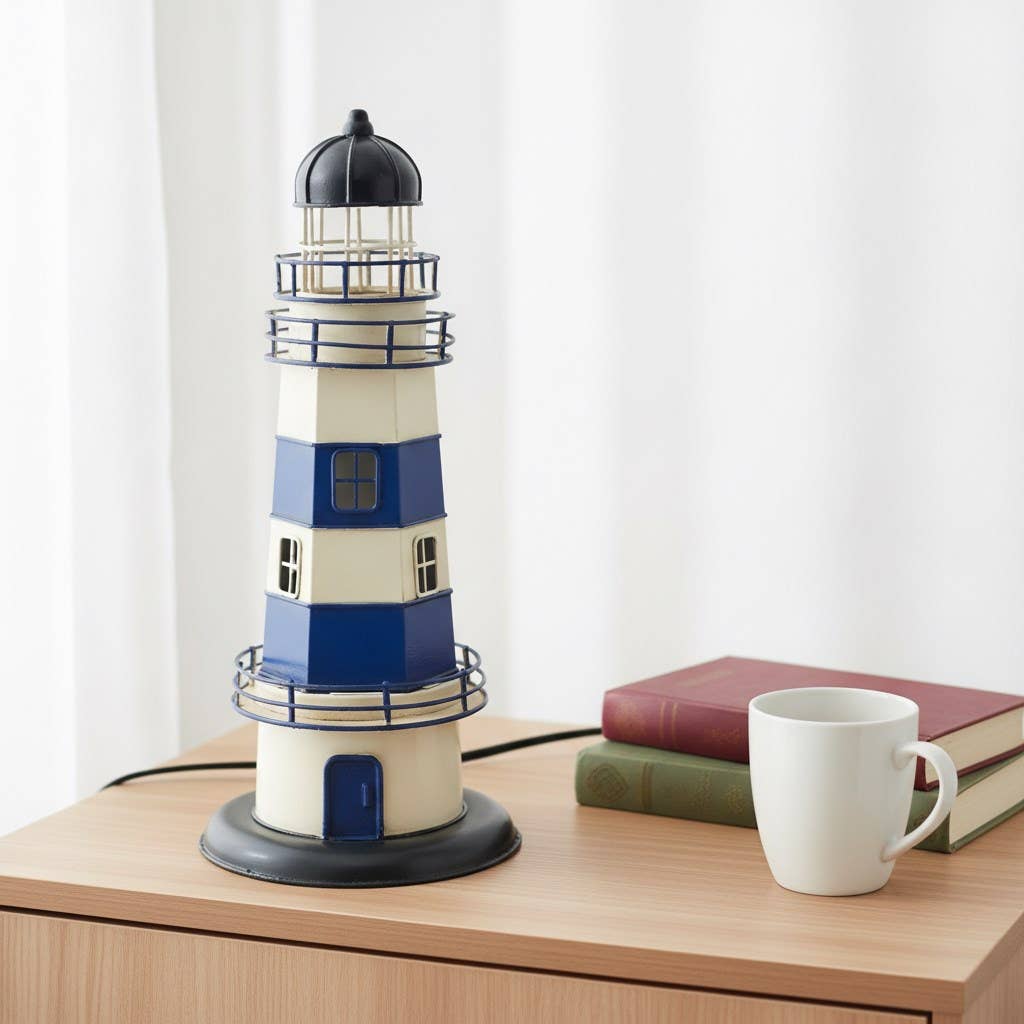Lámpara faro marinero de metal crema y azul 31 cm Mod. 40644
