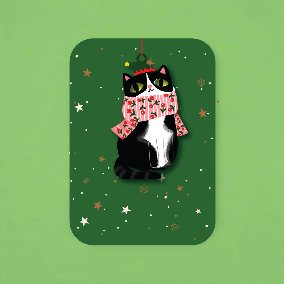 Tarjeta adorno de madera - Gato festivo de invierno