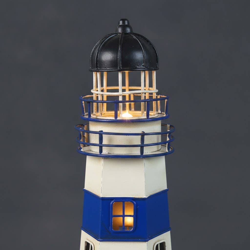 Lámpara faro marinero de metal crema y azul 31 cm Mod. 40644