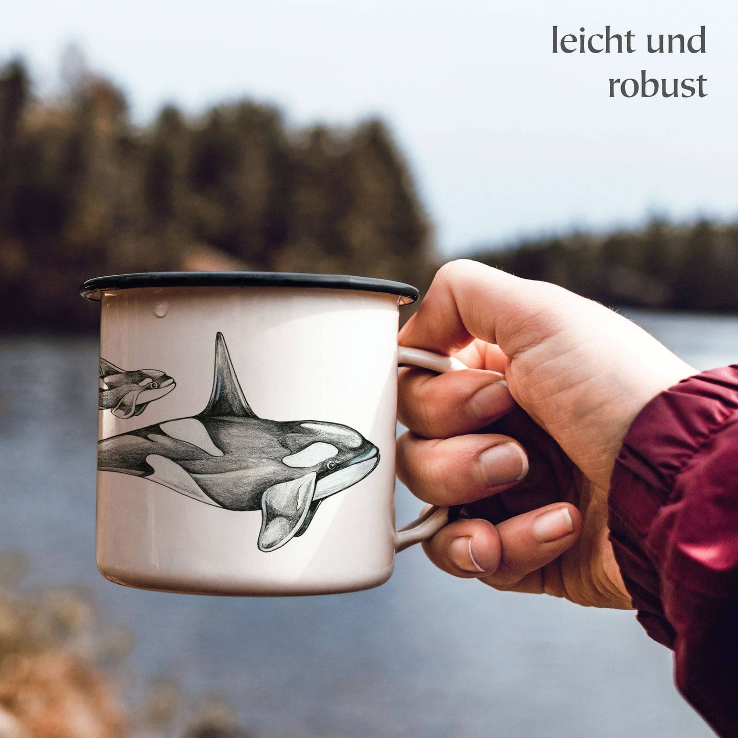 Taza esmaltada con orcas