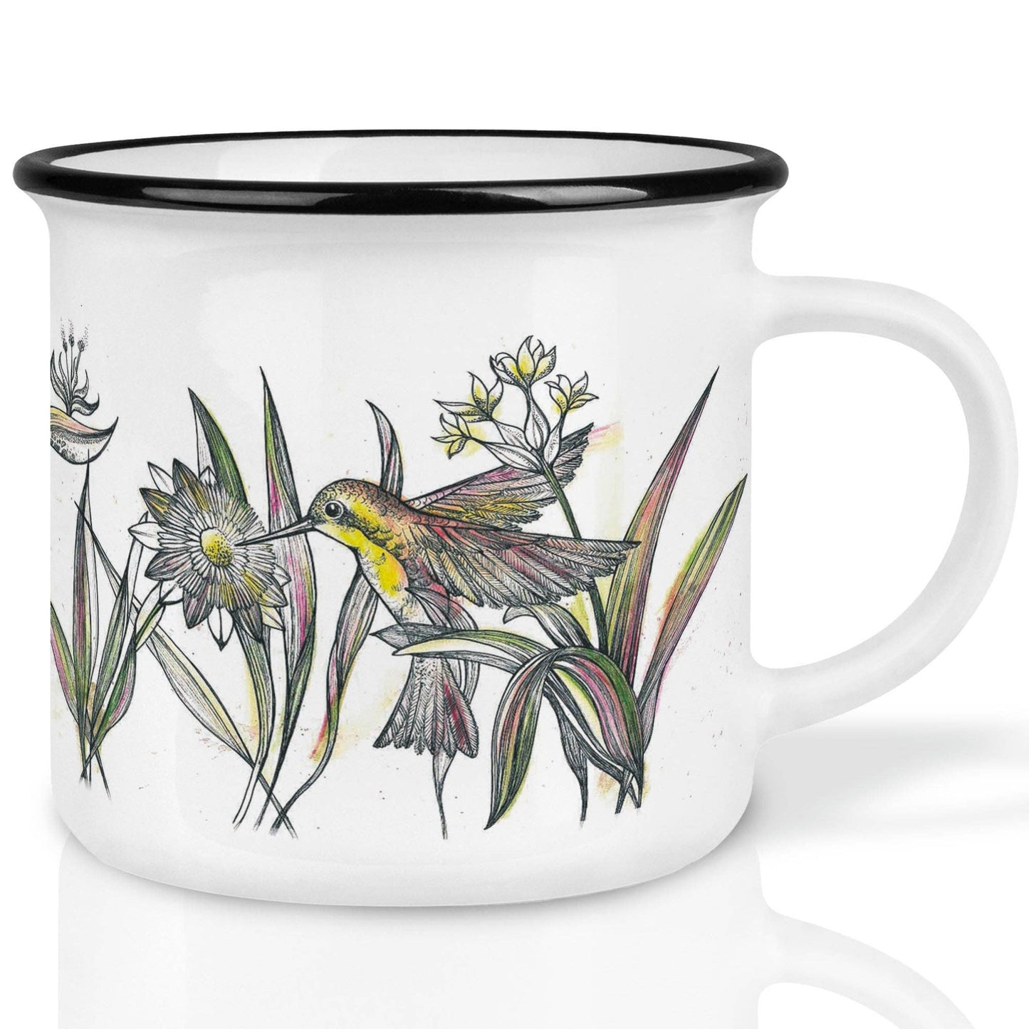 Taza de cerámica con colibríes — diseño jungla
