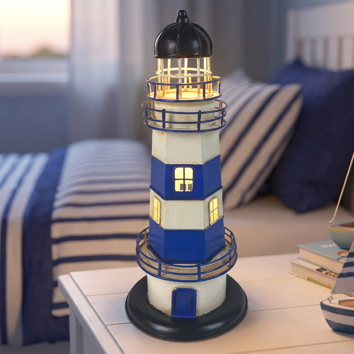 Lámpara faro marinero de metal crema y azul 31 cm Mod. 40644