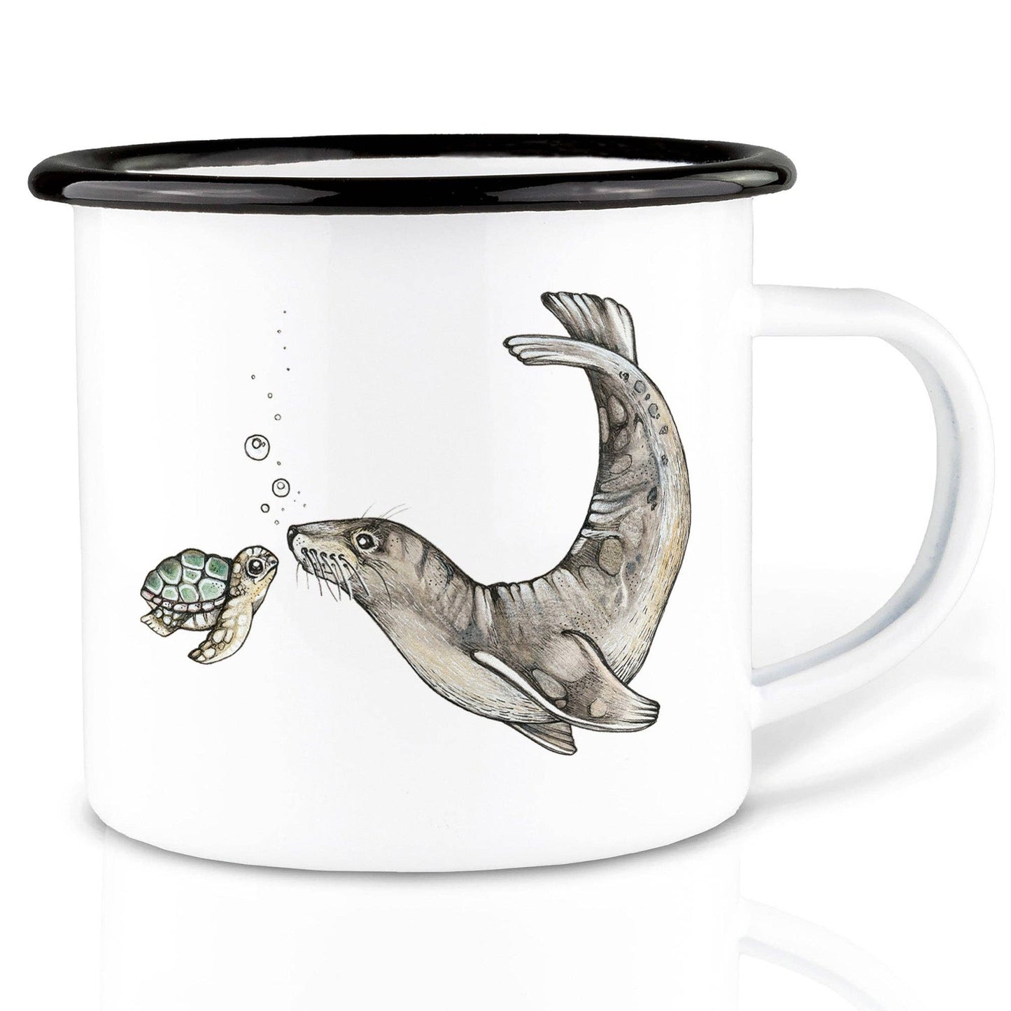 Taza de esmalte - Encuentro oceánico - Tortuga y león marino
