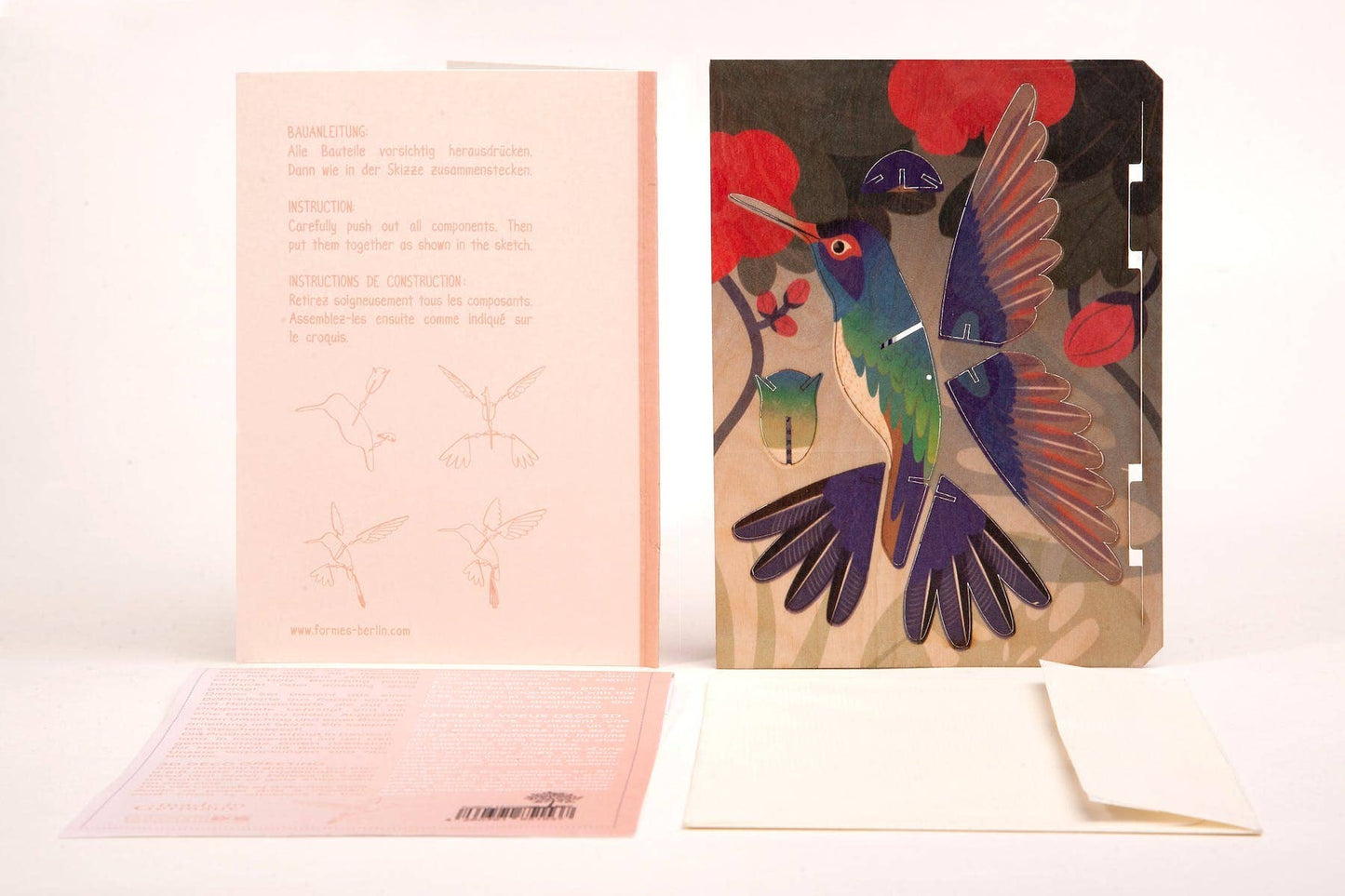 Tarjeta decorativa artesanal 3D de colibrí