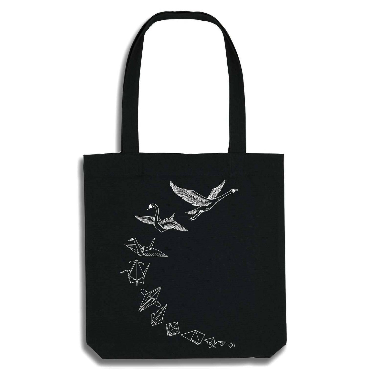 Bolsa de yute negra con cisne origami - reciclada