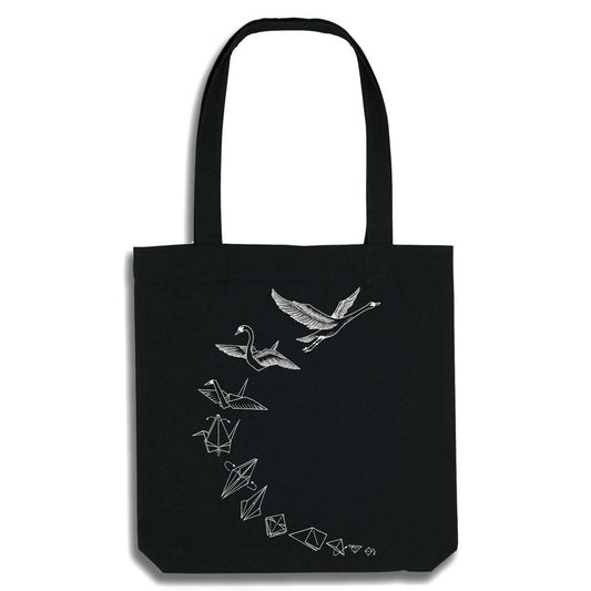 Bolsa de yute negra con cisne origami - reciclada
