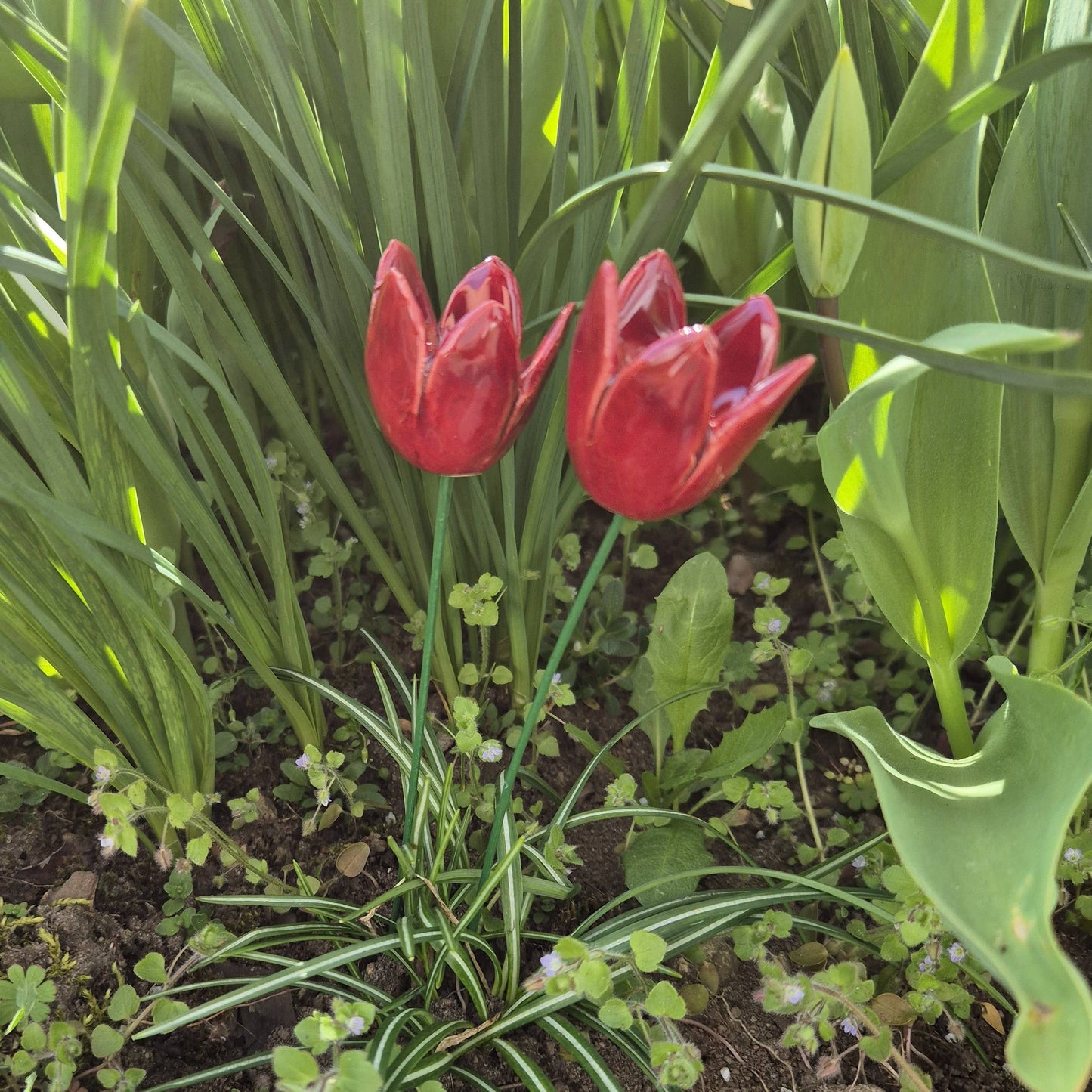 Tulipán de cerámica burdeos, estaca para plantas, flor de cerámica en tallo