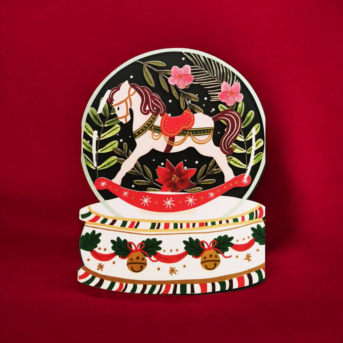 CMS056 - Tarjeta navideña con caballo mecedor y detalles en foil dorado