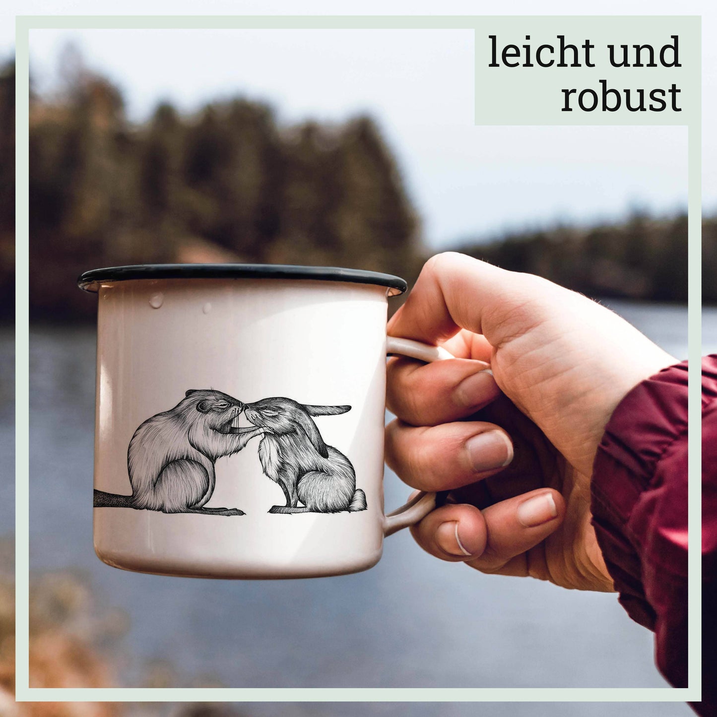 Taza de esmalte – Conejo y castor